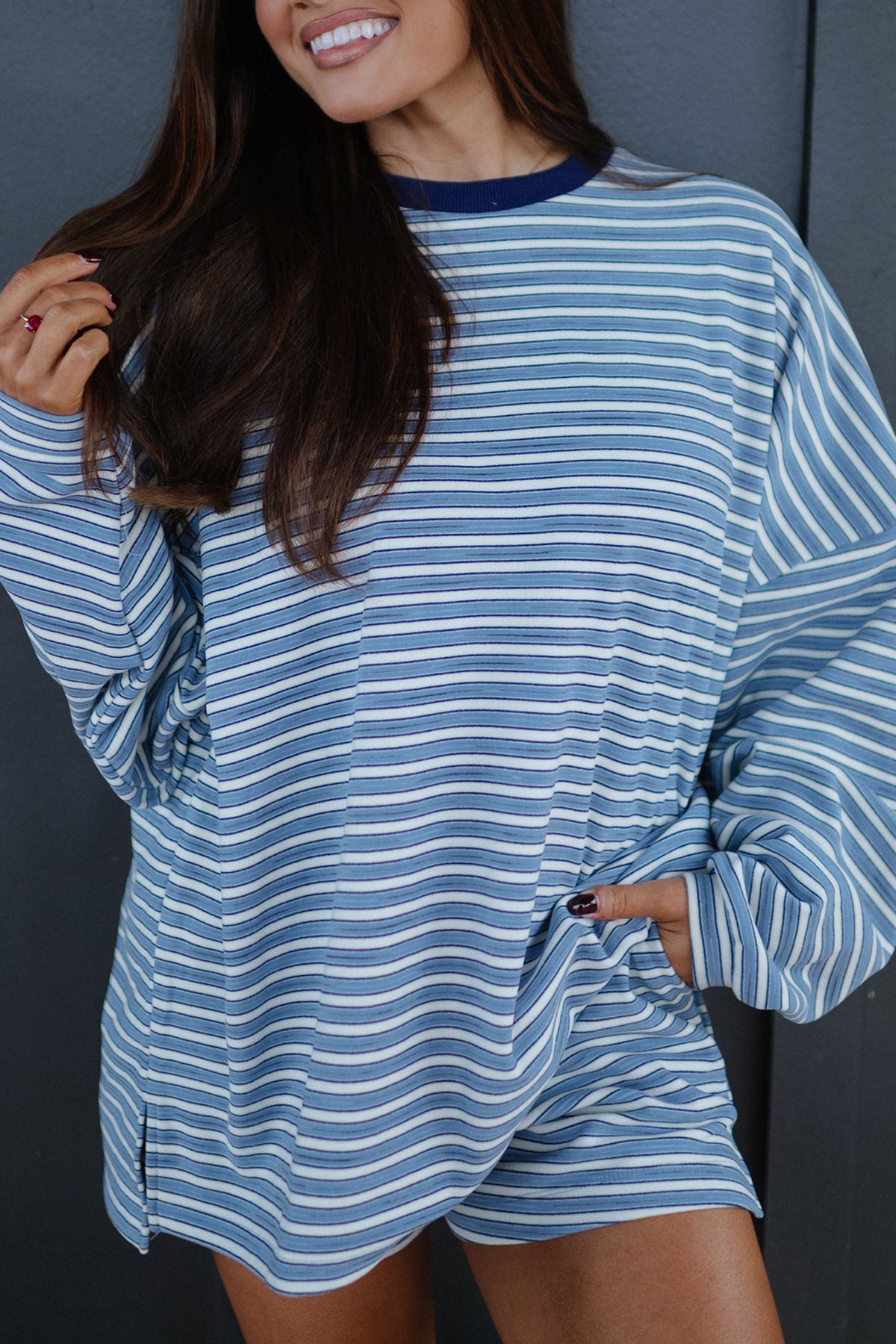 Sky Blue Stripe Long Sleeve Oversized Top Pocketed Casual Shorts Two Piece Set PREORDER ETA 3 WEEKS