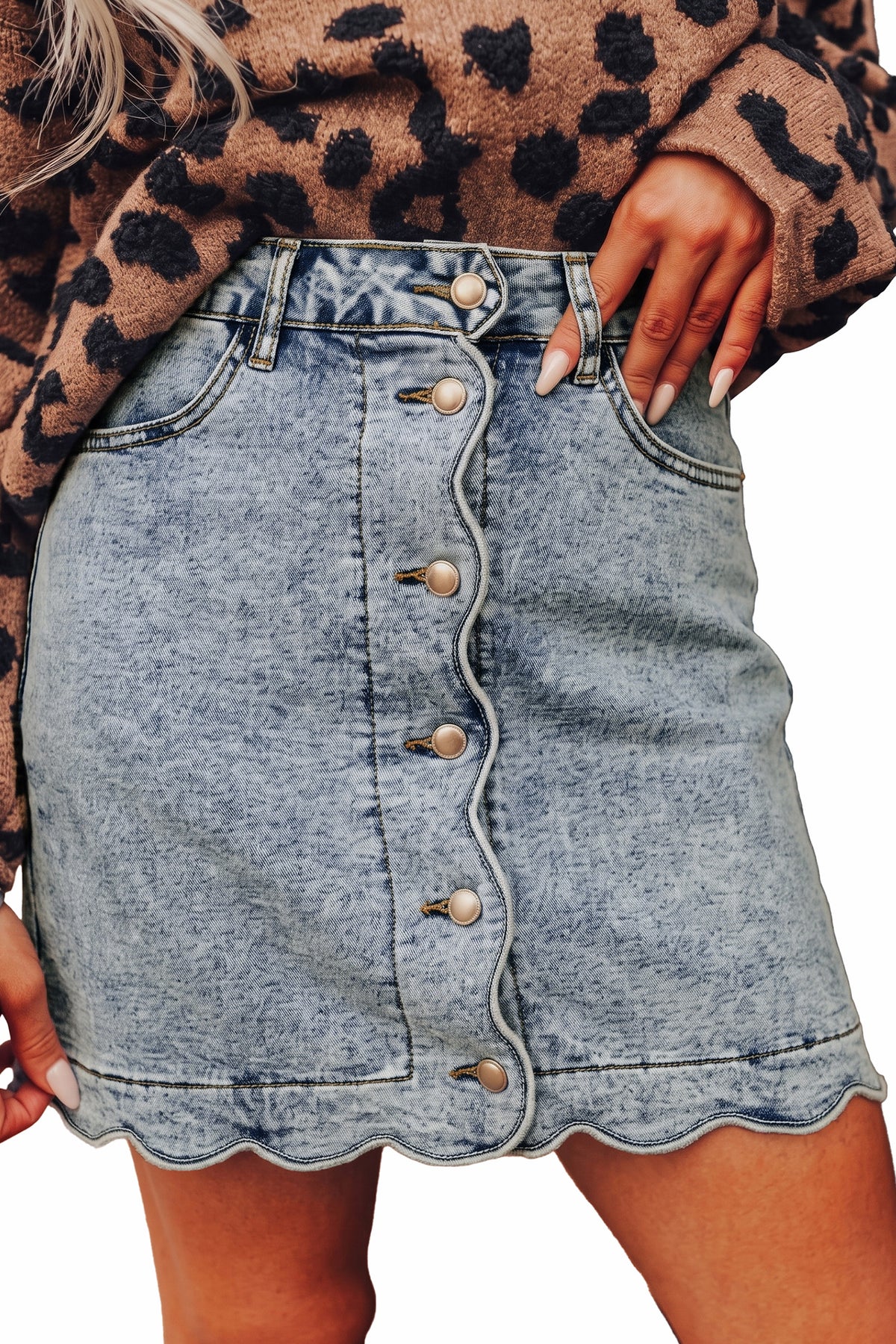 Myosotis Scalloped Detail Button Front Short Denim Skirt PREORDER ETA 3 WEEKS