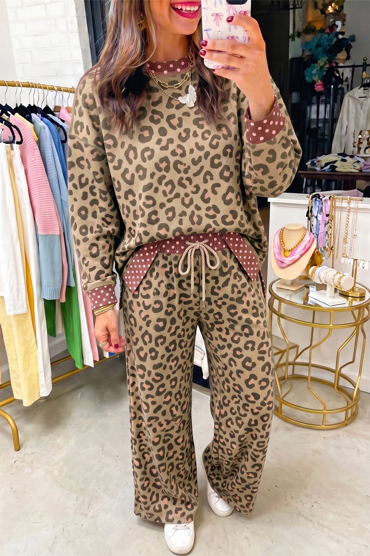 Brown Leopard Polka Dot Two Piece Pants Set PREORDER ETA 3 WEEKS