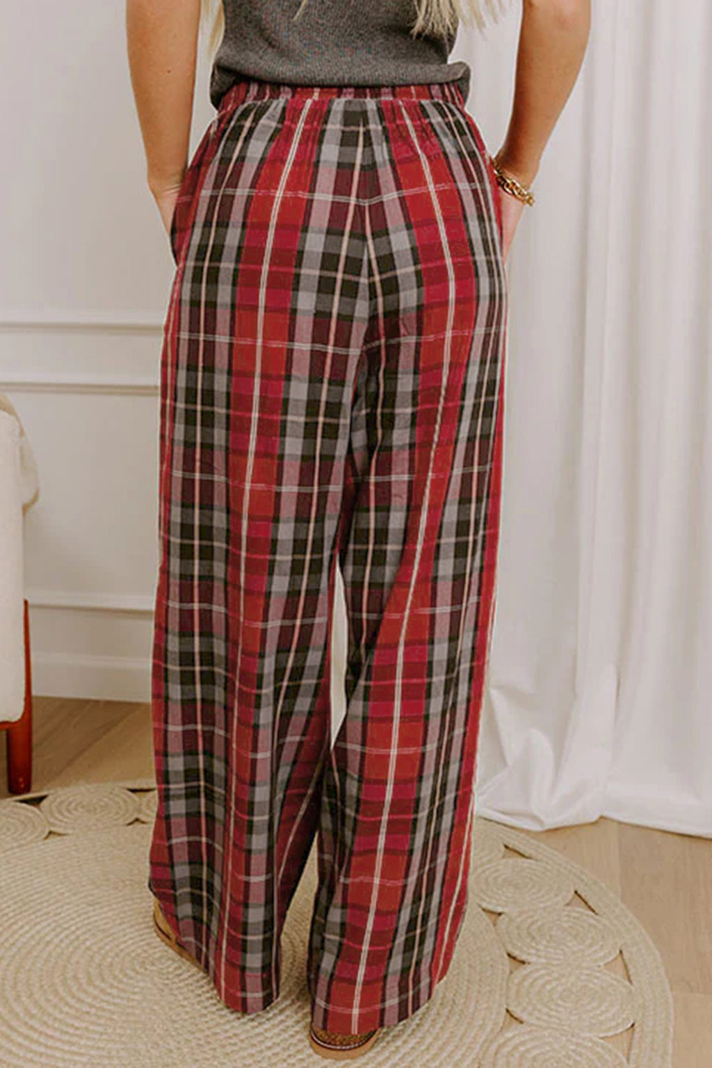 Red Plaid Elastic Waist Pocket Regular Full-Length Pants PREORDER ETA 3 WEEKS