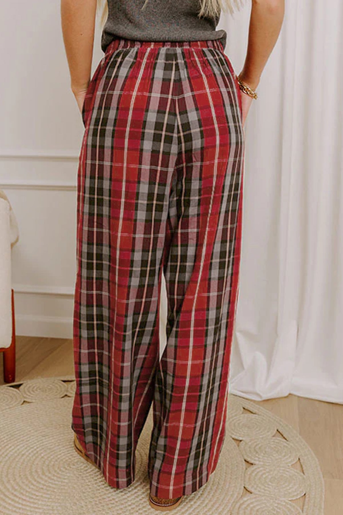 Red Plaid Elastic Waist Pocket Regular Full-Length Pants PREORDER ETA 3 WEEKS