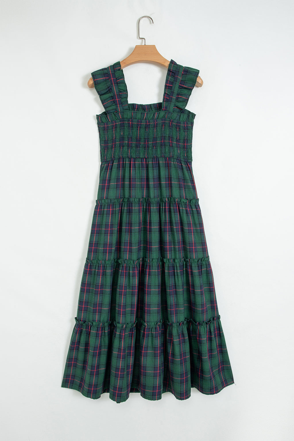 Green Plaid Ruffle Sleeveless Shirred Bodice Tiered Midi Dress PREORDER ETA 3 WEEKS