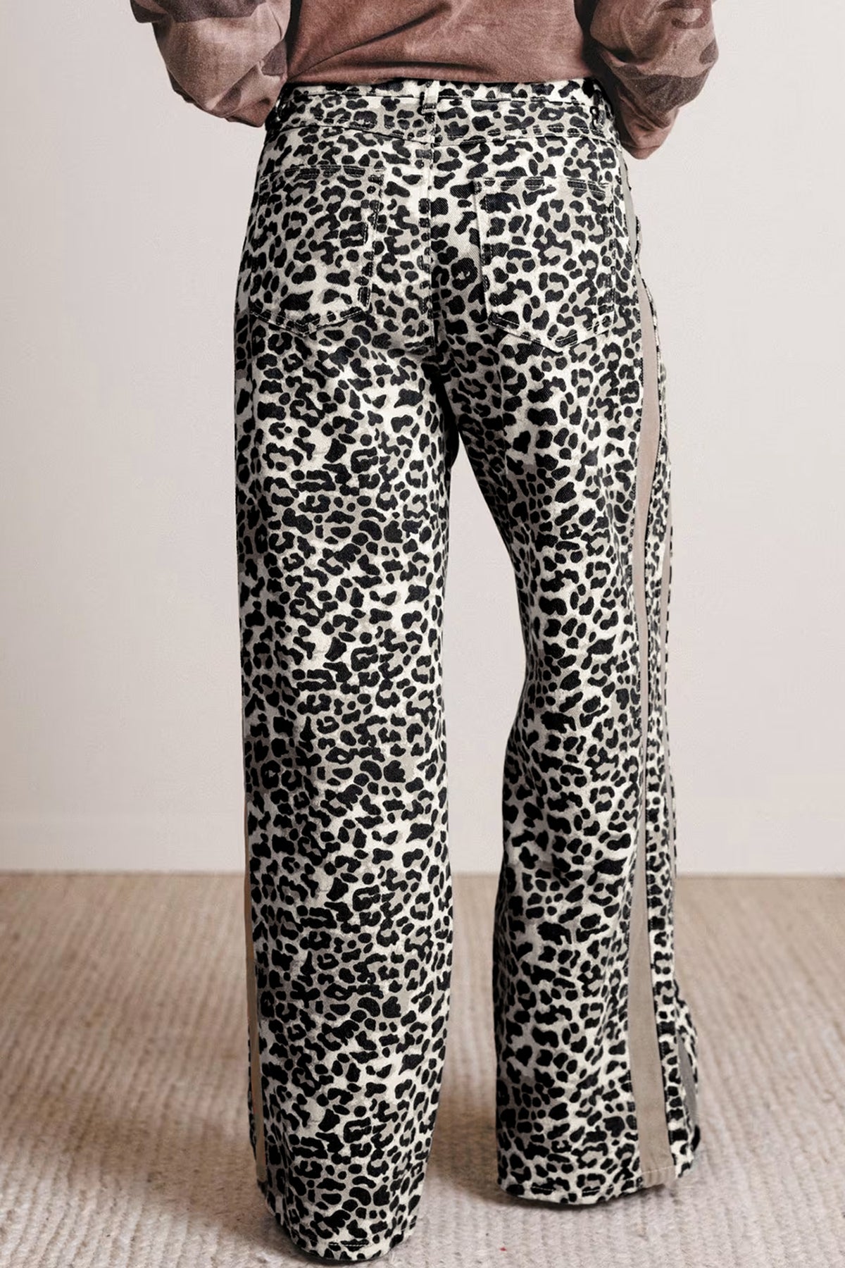 Khaki Leopard Print Drawstring Waist Straight Leg Jeans PREORDER ETA 3 WEEKS