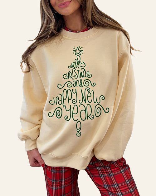 Apricot Merry Christmas and Happy New Year Embroidered Holiday Slogan Sweatshirt PREORDER ETA 3 WEEKS