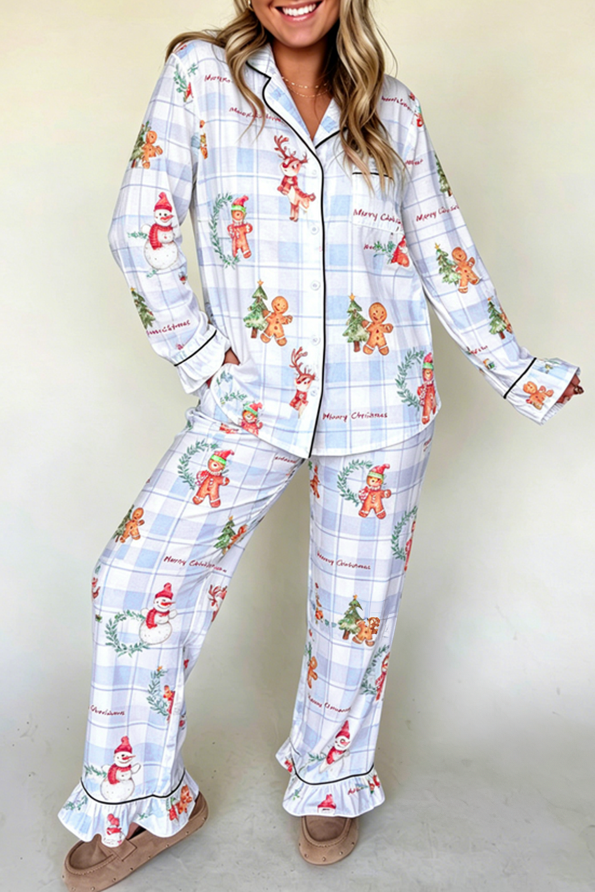 Sky Blue Plaid Cartoon Christmas Pattern Shirt Top 2pcs Pajama Set PREORDER ETA 3 WEEKS