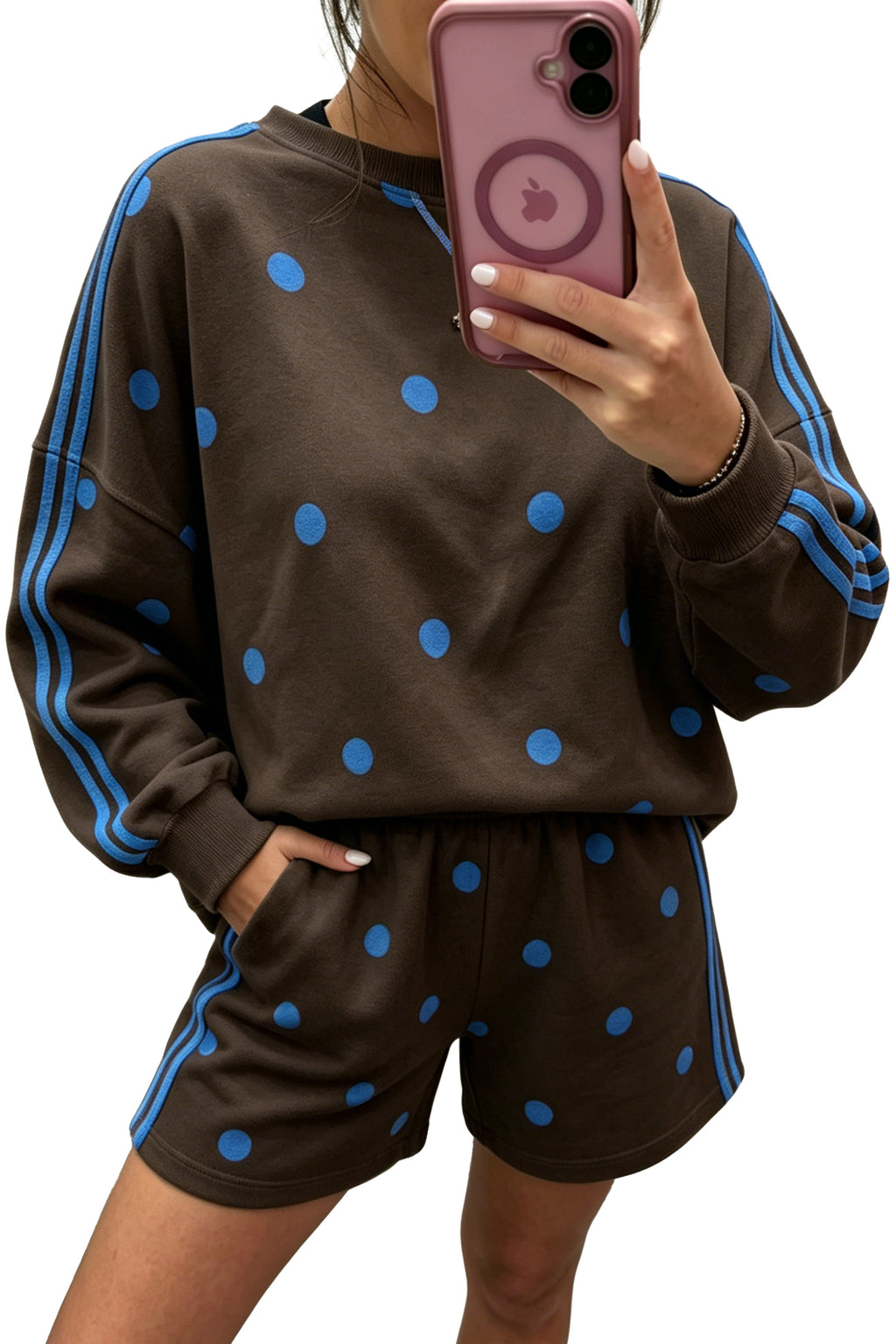 Brown Polka Dot Print Varsity Striped Detail Long Sleeve Top Short Set PREORDER ETA 3 WEEKS