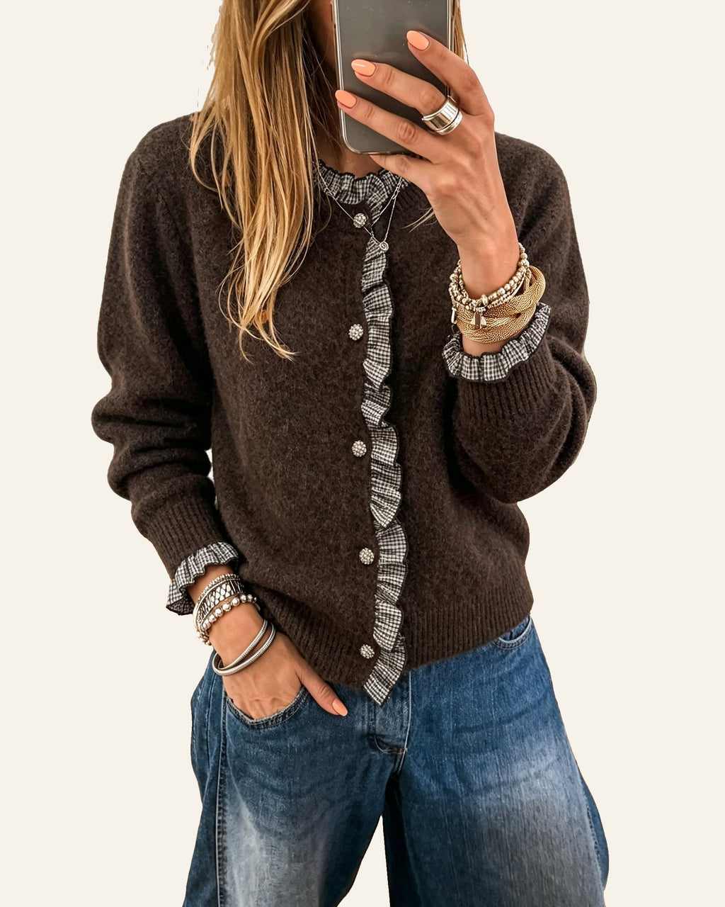 Chicory Coffee Plaid Ruffle Trim Patchwork Button Sweater Cardigan PREORDER ETA 3 WEEKS