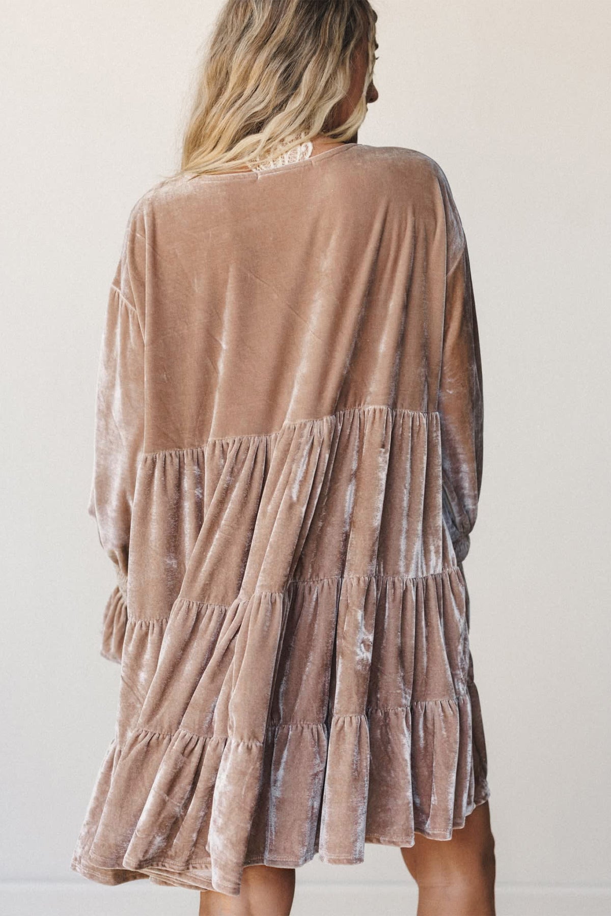 Smoke Gray Solid Color V Neck Velvet Tiered Long Sleeve Dress PREORDER ETA 3 WEEKS