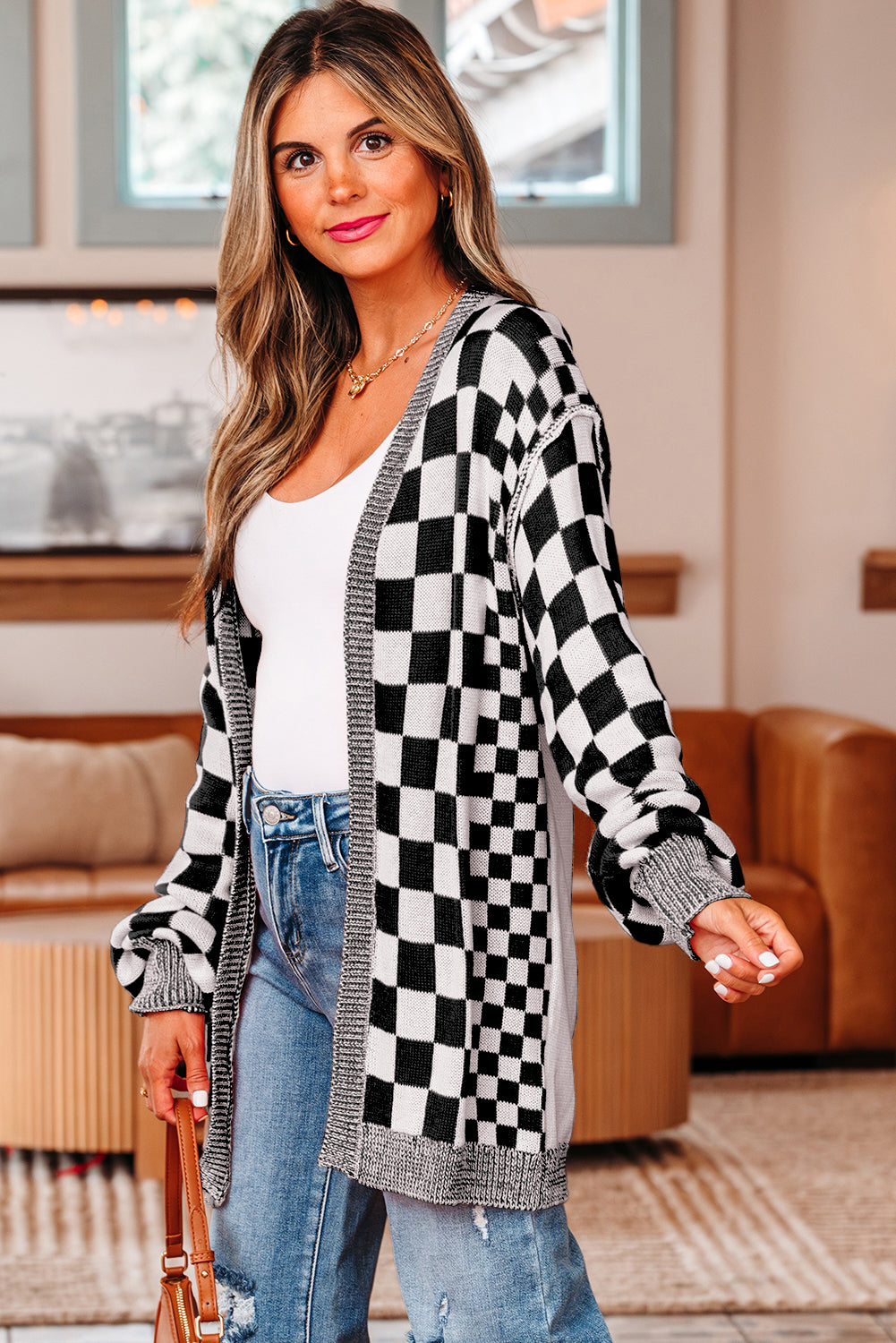 Black Checkered Open Front Drop Shoulder Cardigan PREORDER ETA 3 WEEKS