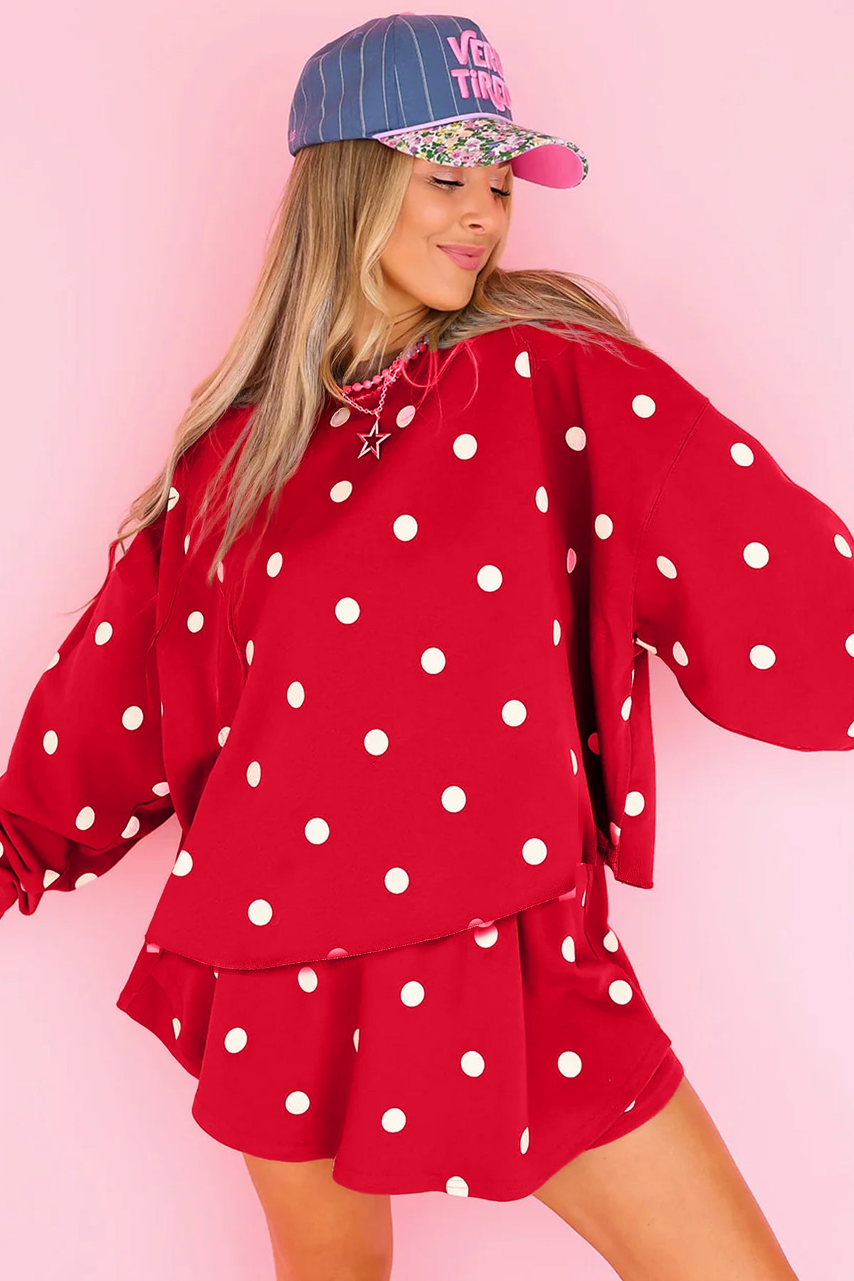 Red Polka Dot Raw Hem Relaxed Pullover Loose Skort Two Piece Set PREORDER ETA 3 WEEKS