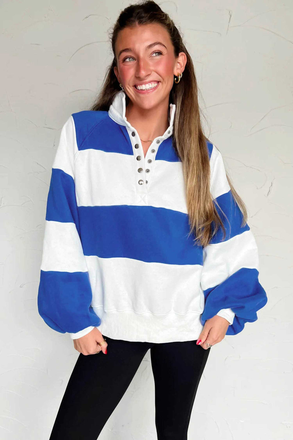 Dark Blue Striped Color Block Button V Neck Puff Sleeve Casual Sweatshirt PREORDER ETA 3 WEEKS