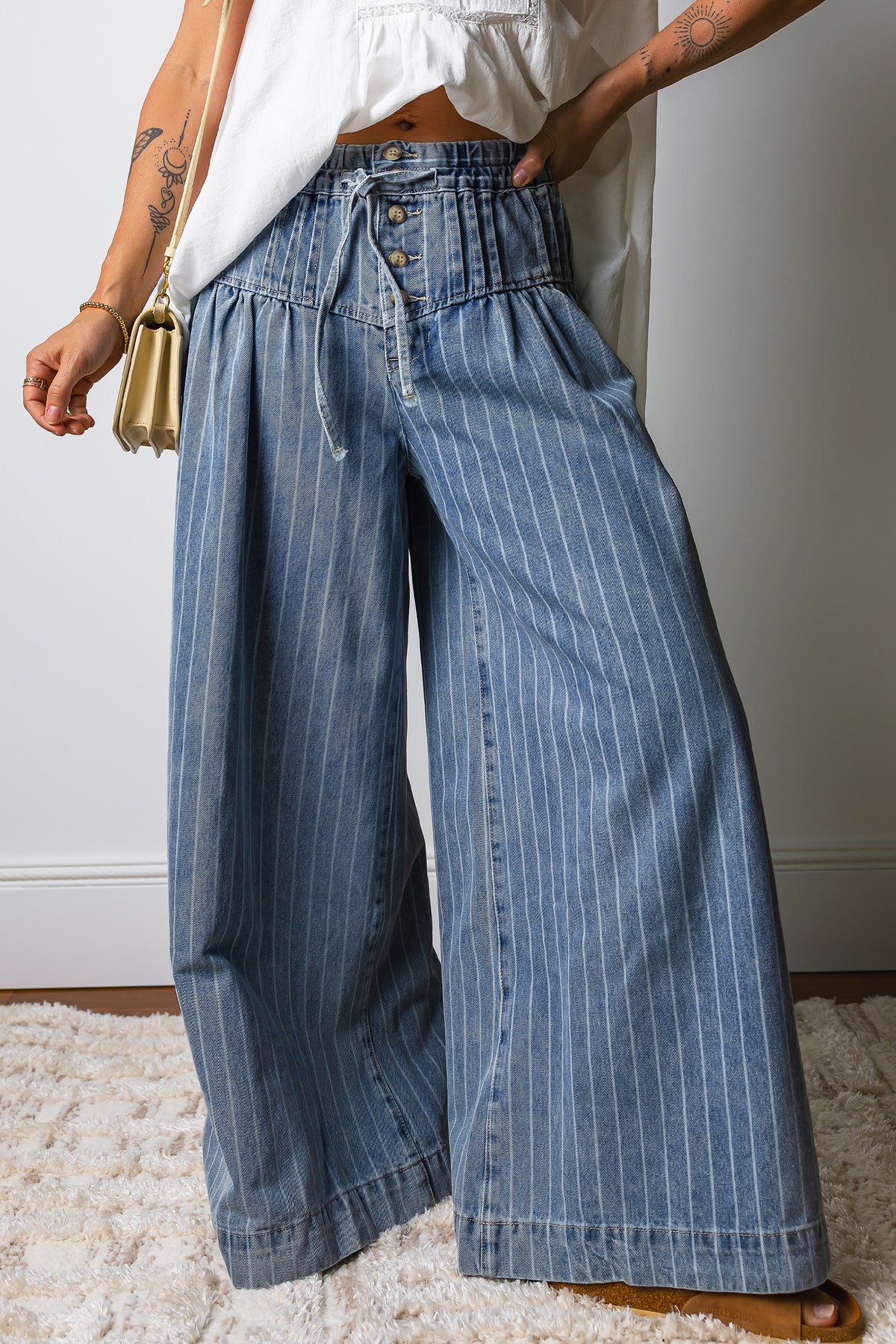Sky Blue Stripe Button Pleated Drawstring Waist Casual Wide Leg Jeans PREORDER ETA 3 WEEKS