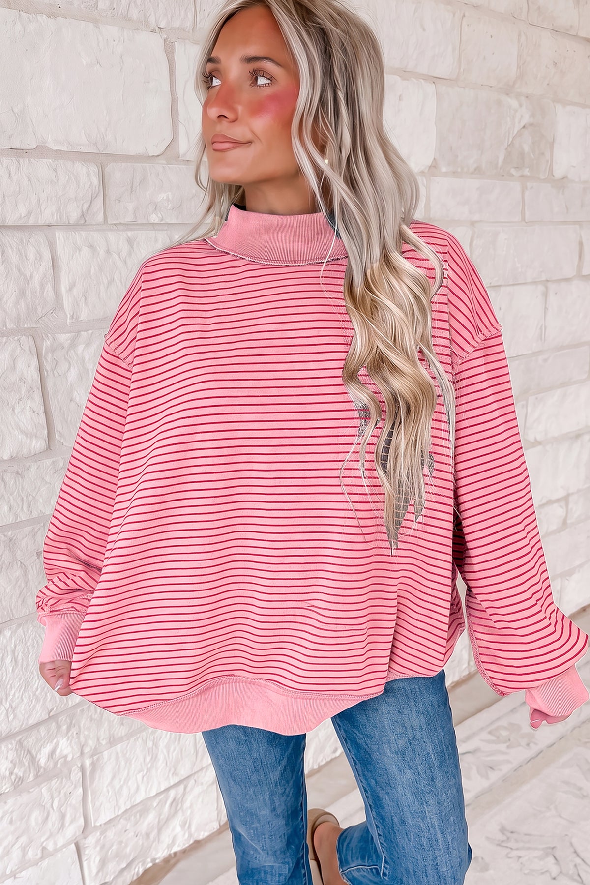Pink Stripe Ribbed Color Block Mock Neck Oversized Sweatshirt PREORDER ETA 3 WEEKS