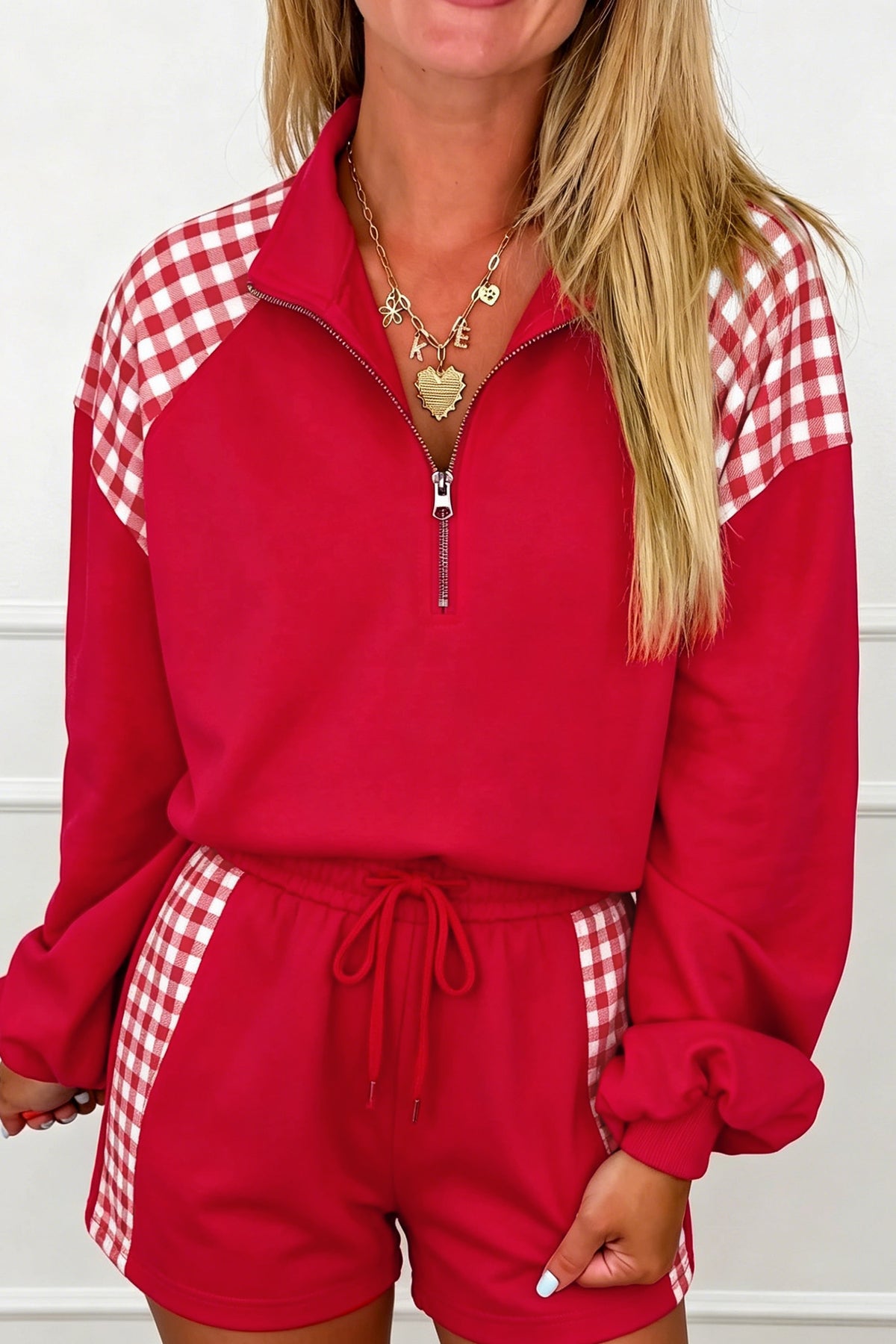 Bright Green Plaid Patchwork Half Zip Pullover Drawstring Short Set PREORDER ETA 3 WEEKS