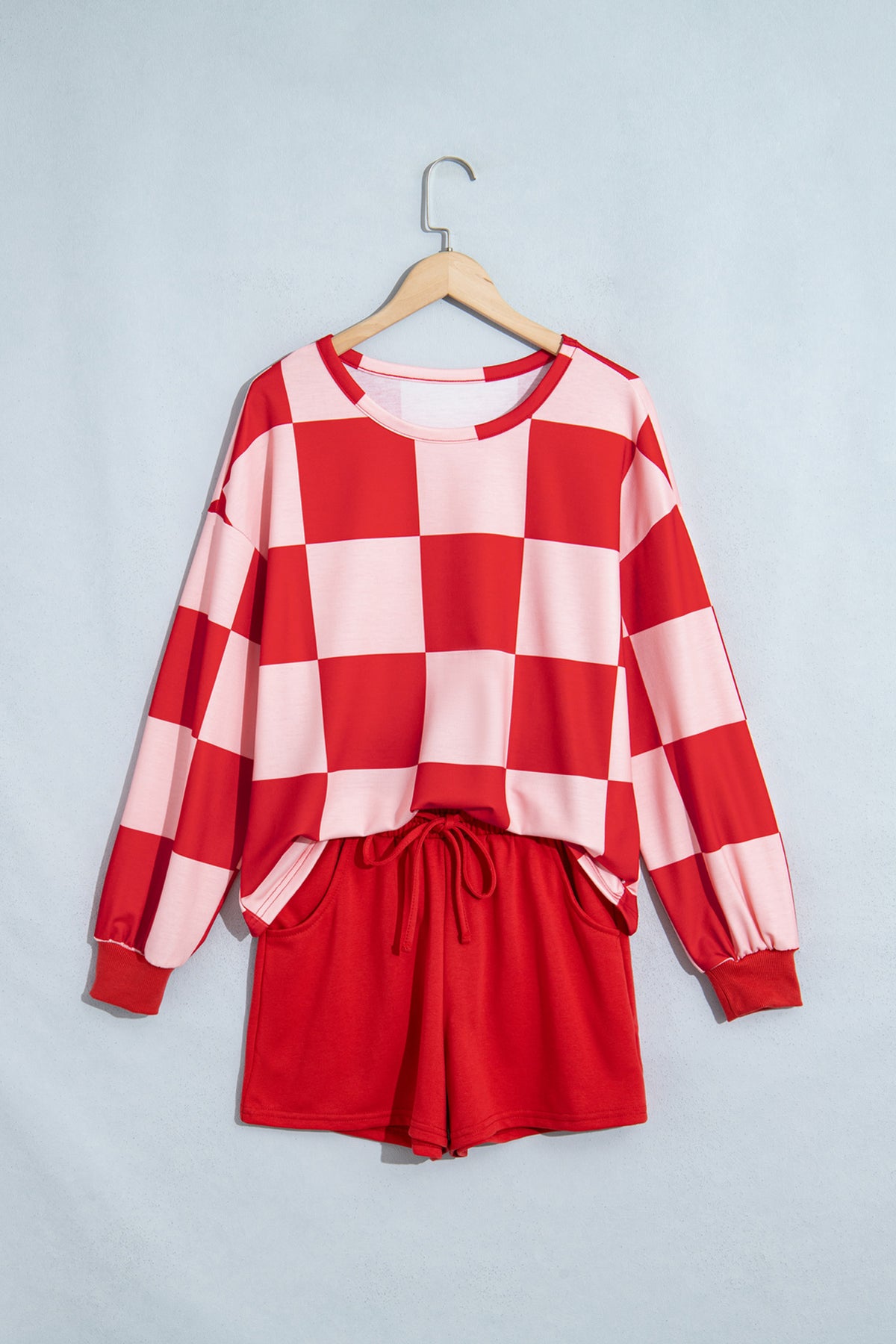 Khaki Checkerboard Plaid Long Sleeve Solid Color Shorts 2pcs Set PREORER