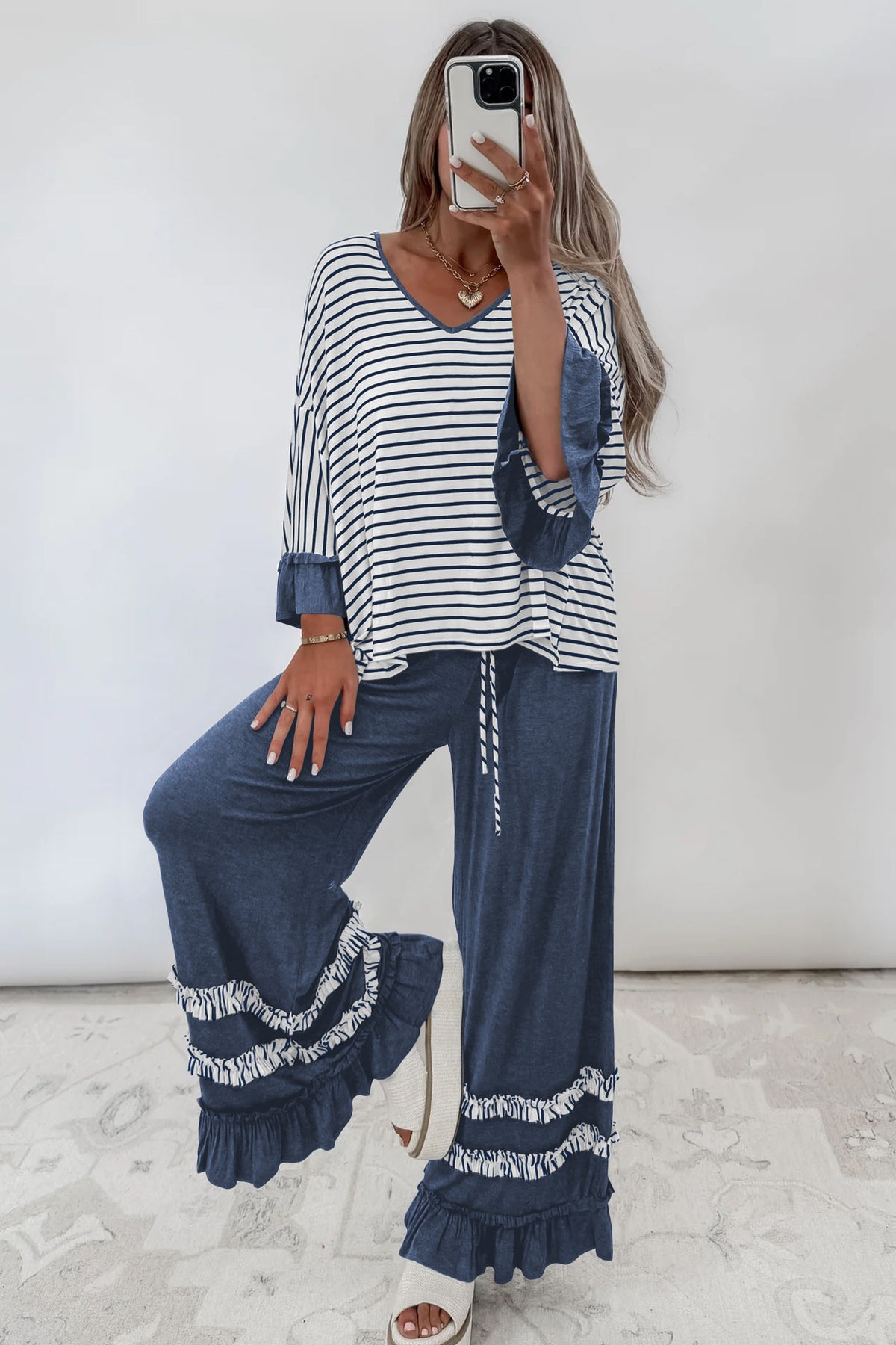 Blue Stripe V Neck Ruffle Contrast Sleeve Top Drawstring Pants 2pcs Set PREODER