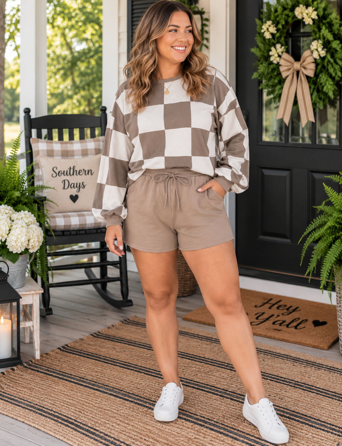 Khaki Checkered Contrast Long Sleeve Top Solid Shorts Plus Size 2pcs Set PREORDER ETA 3 WEEKS