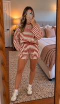 Brown Stripe Relaxed Long Sleeve Top Contrast Elastic Waistband Short Set PREORDER ETA 3 WEEKS