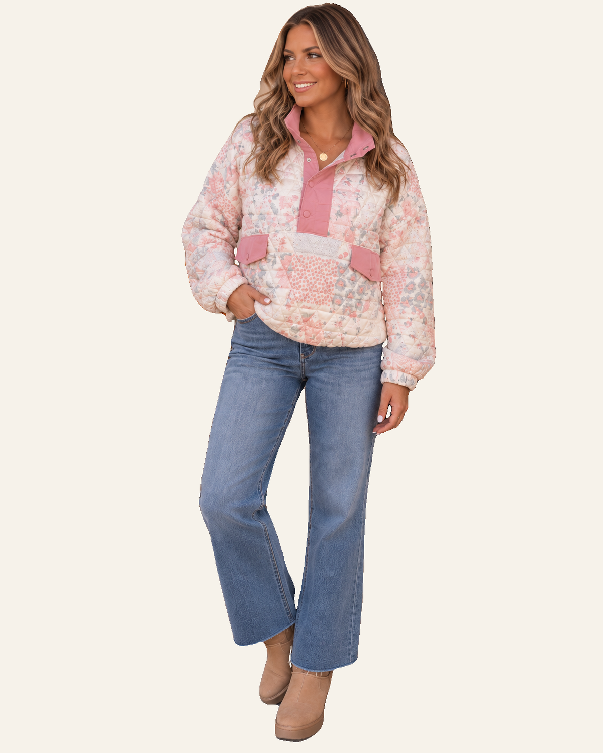 Pink Floral Quilted V-Neck Plus Size Fake Pocket Sweatshirt PREORDER ETA 3 WEEKS