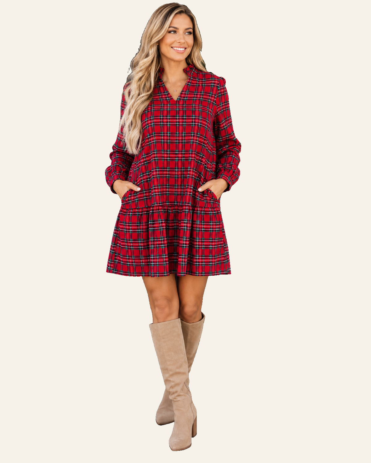 Red Plaid Long Sleeve Mini Shift Silhouette Decoration Dress PREORDER ETA 3 WEEKS