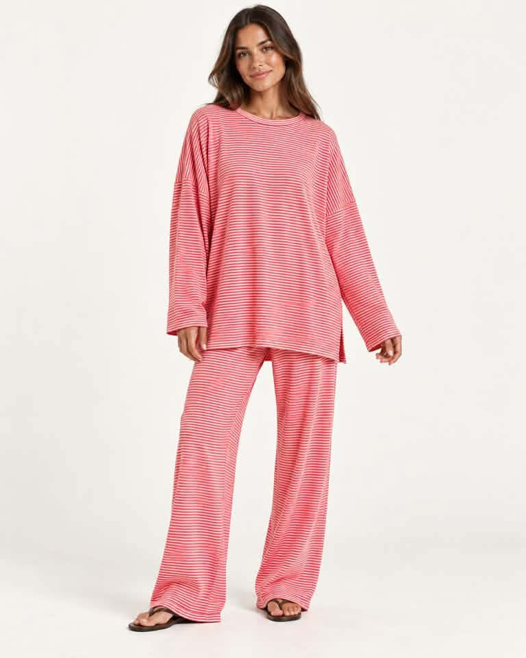 Stripe Contrast Trim Round Neck Oversize Long Sleeve Top 2pcs Pant Set PREORDER ETA 3 WEEKS