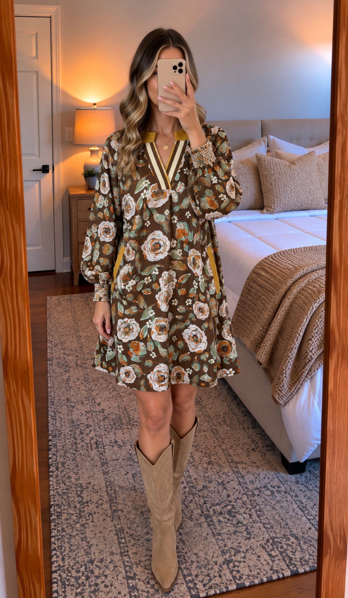 Brown Floral Print Contrast Trim V Neck Pocketed Long Sleeve Mini Dress PREORDER ETA 3 WEEKS