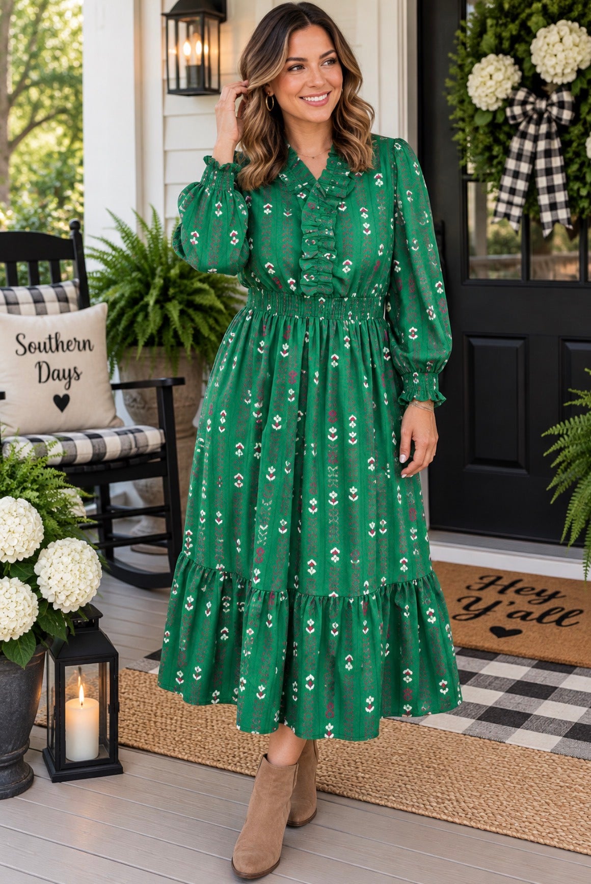 Green Floral Print V Neck Long Sleeve Shift Plus Size Dress PREORDER ETA 3 WEEKS