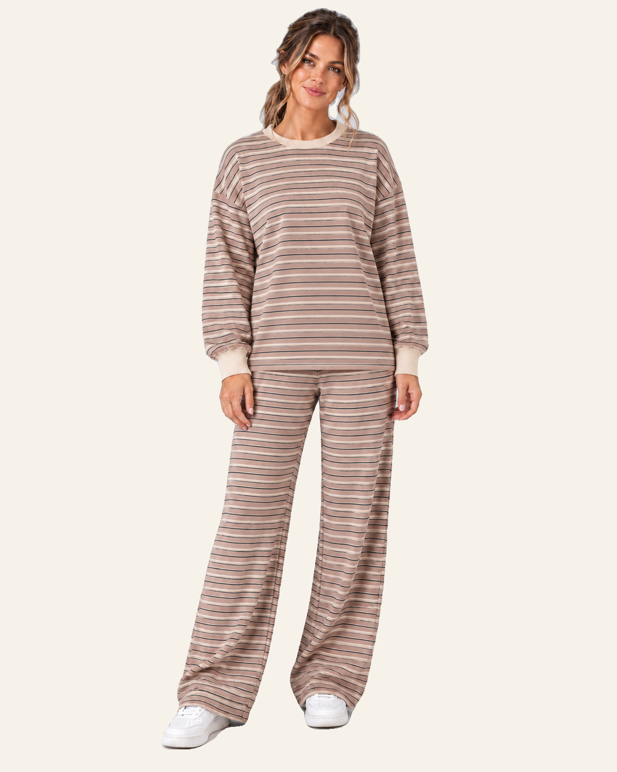 Khaki Stripe Contrast Trim Long Sleeve Top Elastic Waist Pants Set PREORDER ETA 3 WEEKS