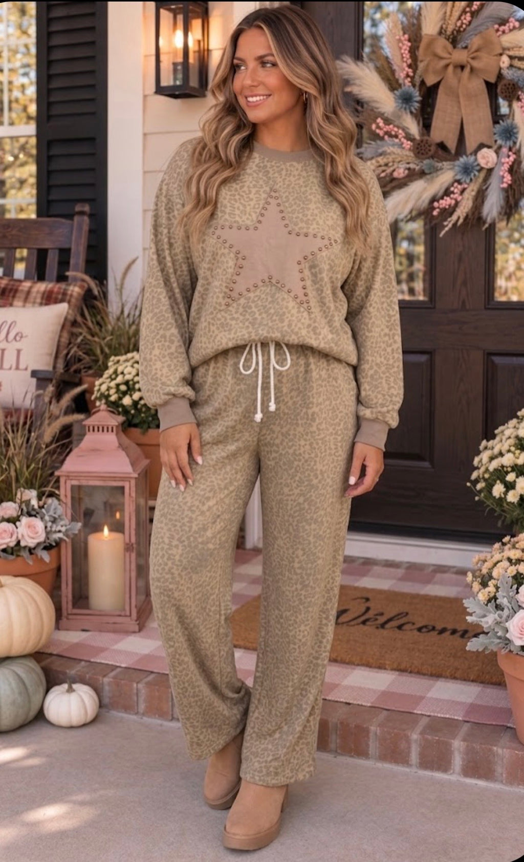 Khaki Leopard Star Print Long Sleeve Loose Casual Two Piece Pants Set PREORDER ETA 3 WEEKS