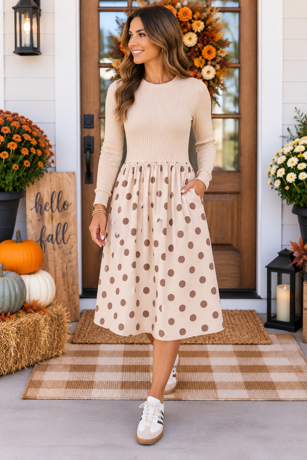 Beige Polka Dot Midi Long Sleeve Dress PREORDER ETA 3 WEEKS