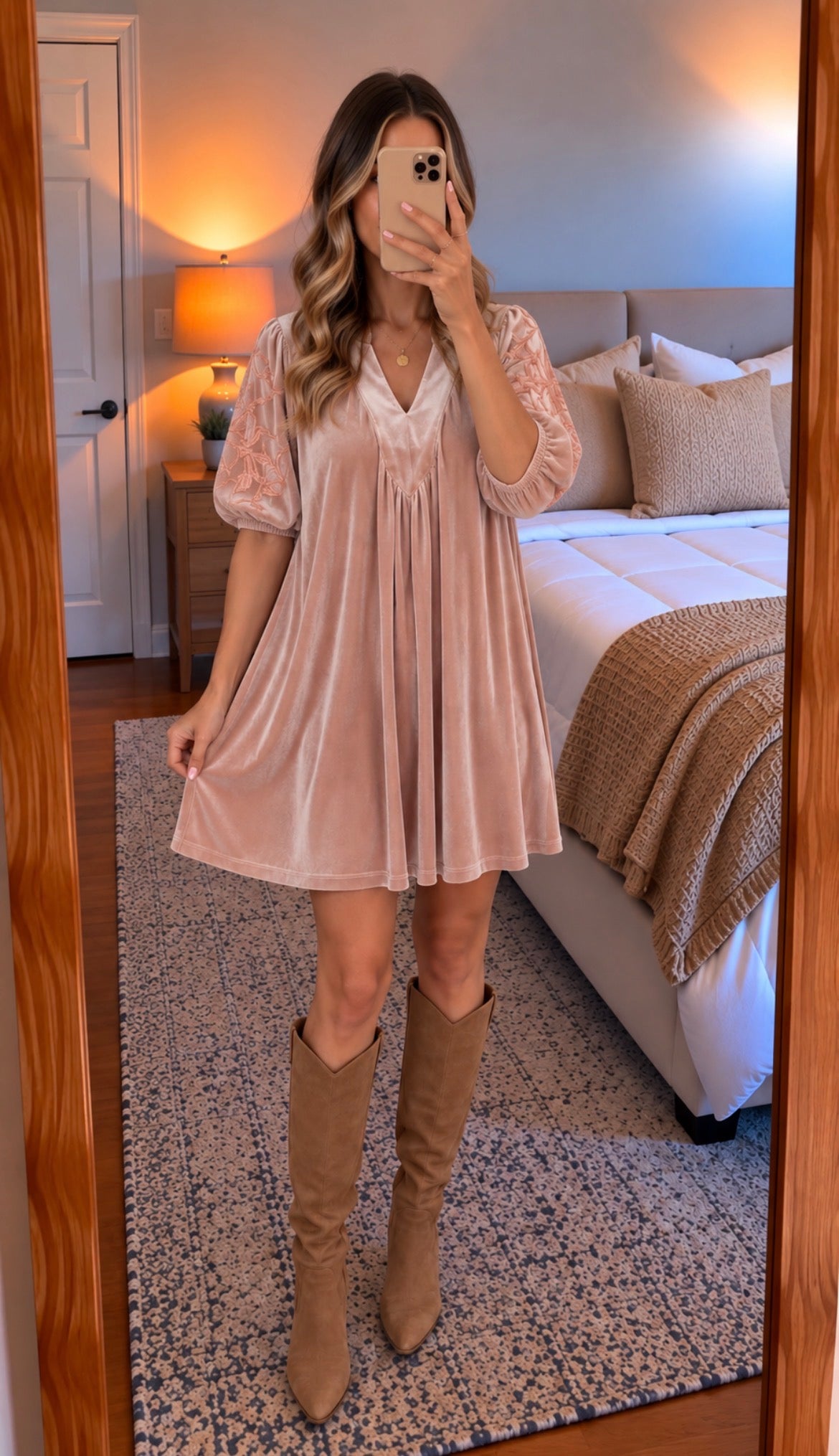 Light French Beige Embroidered Sleeve Velvet Mini Shift Dress PREORDER ETA 3 WEEKS