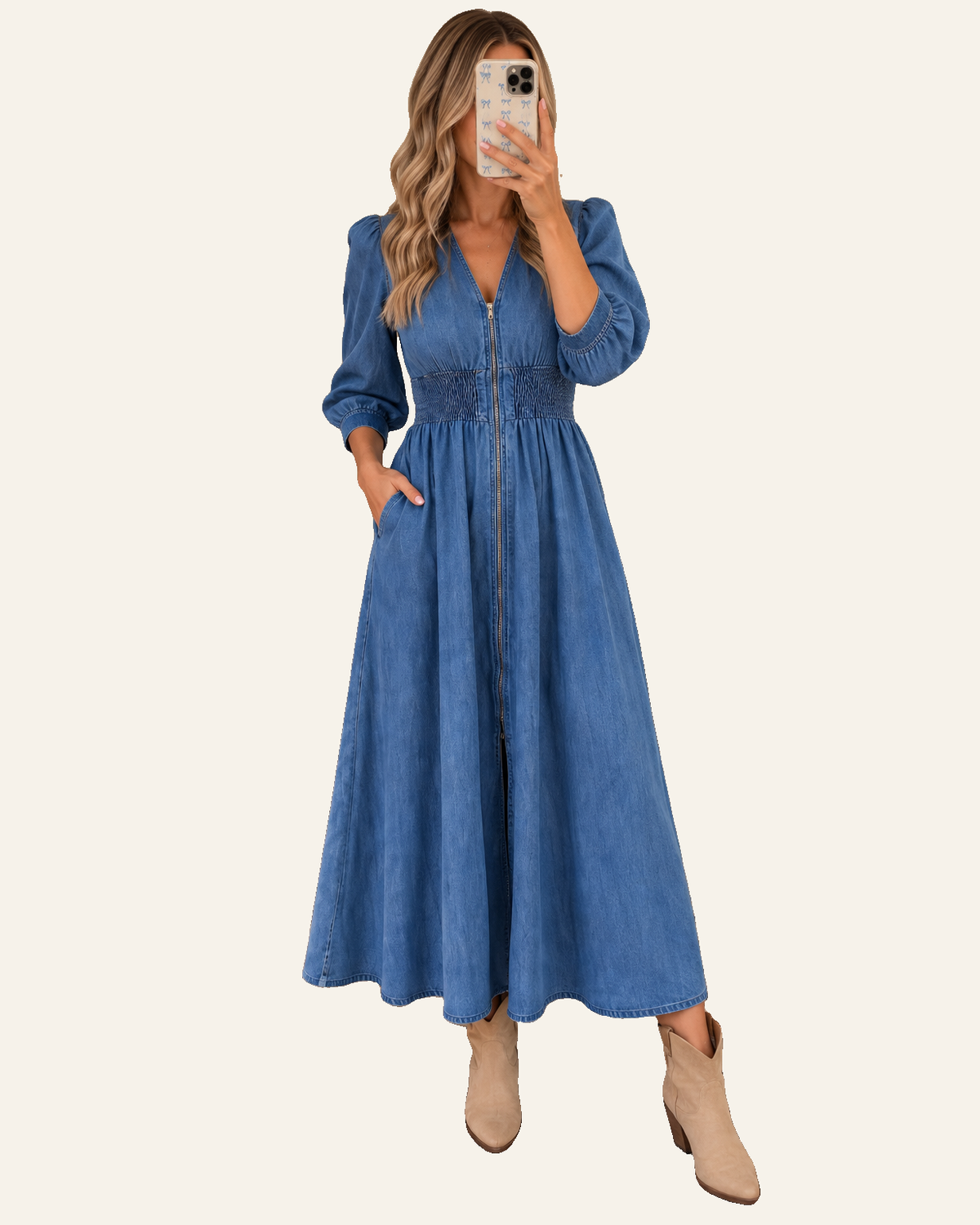 Blue V Neck Shirred Waist Metal Zipper Denim Midi Dress PREORDER ETA 3 WEEKS