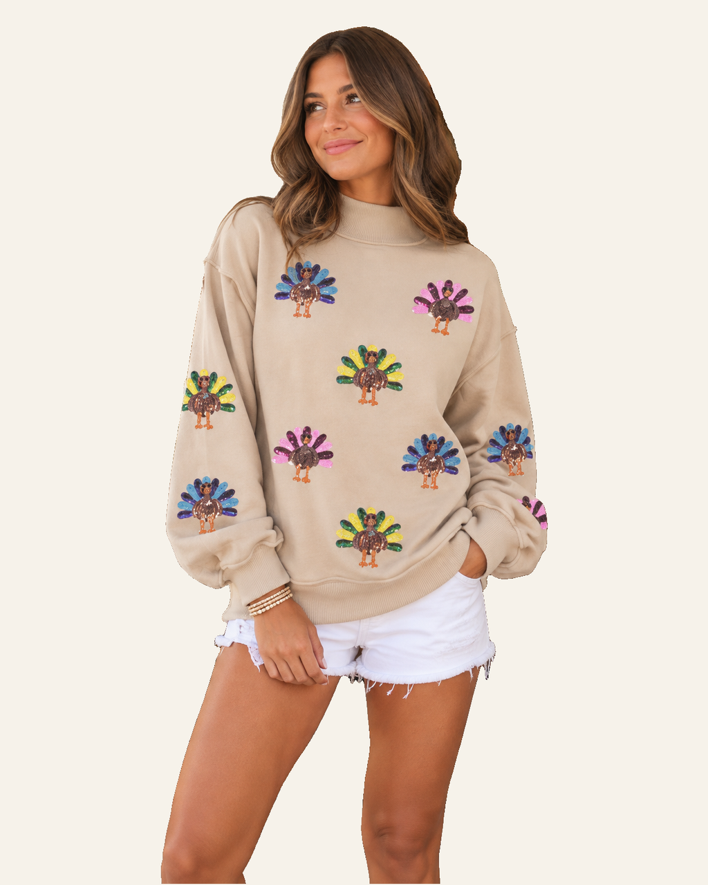 Apricot Sequined Turkey Exposed Seam Thanksgiving Graphic Sweatshirt READY TO SHIP