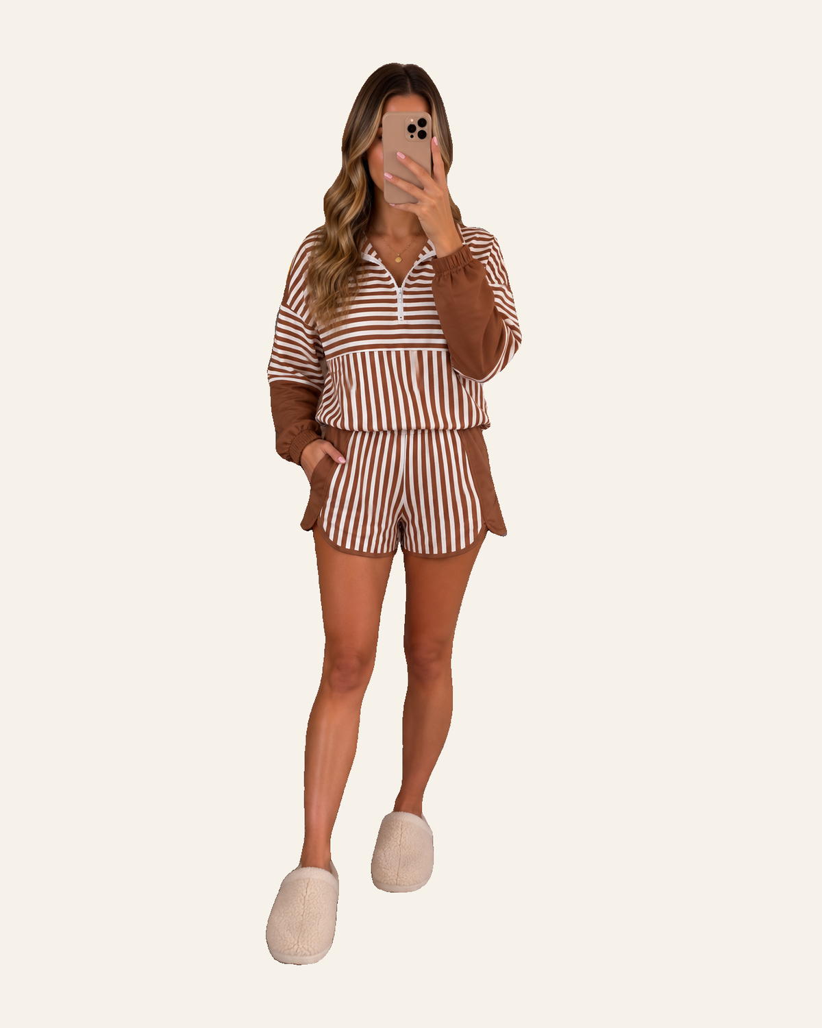 Brown Stripe Color Block Patchwork Quarter Zip Pullover Sporty Shorts Set PREORDER ETA 3 WEEKS