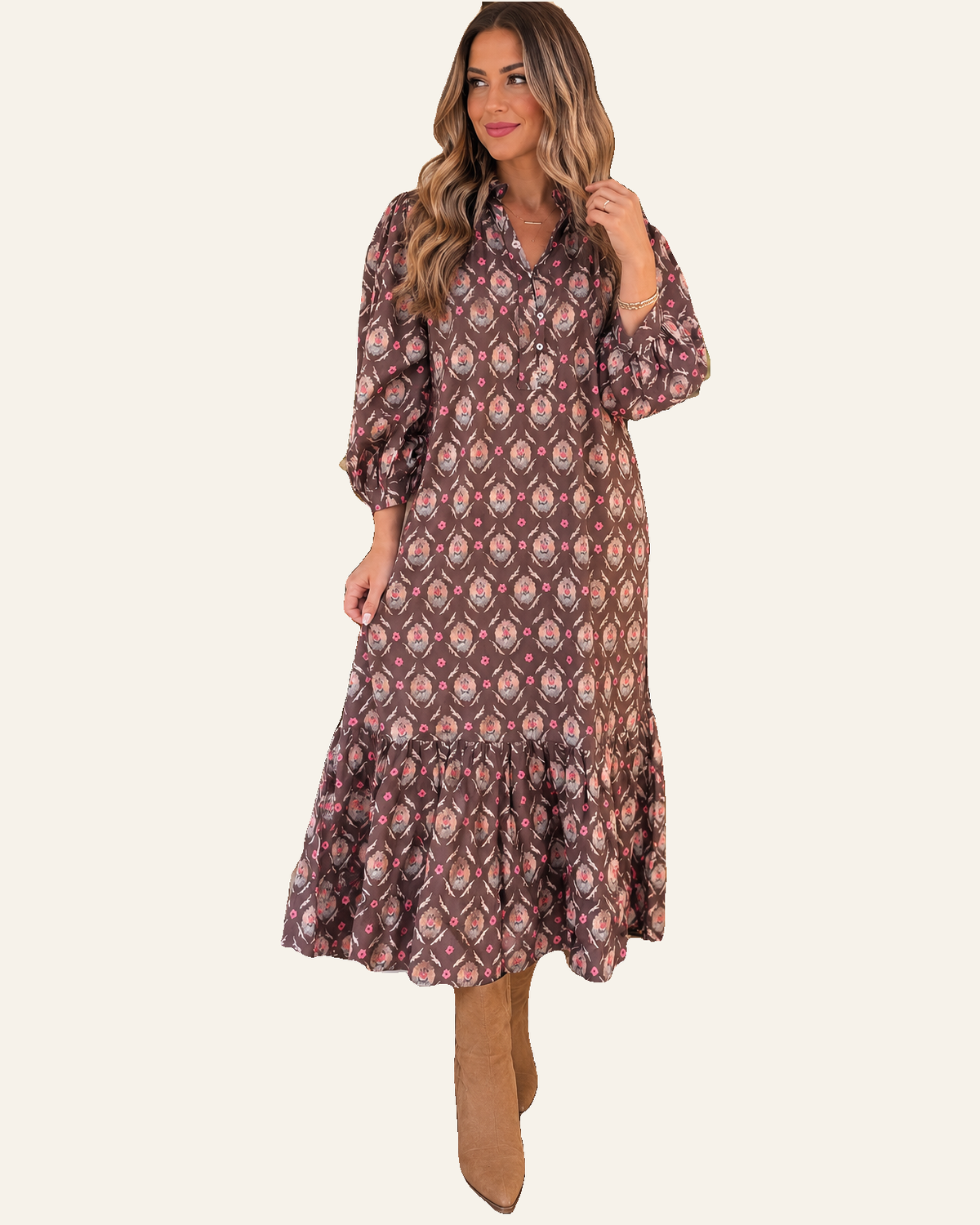 Brown Floral Print Button Front Ruffle Hem Midi Dress PREORDER ETA 3 WEEKS