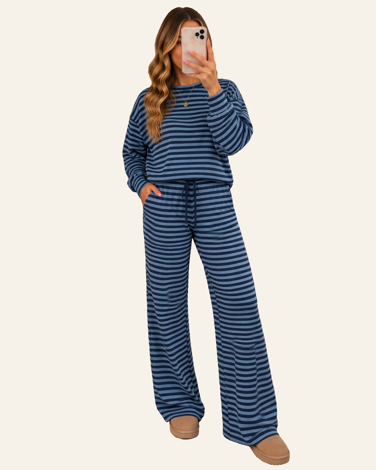 Blue Stripe Long Sleeve Drawstring Waist Plus Size Lounge Pants Set PREORDER ETA 3 WEEKS