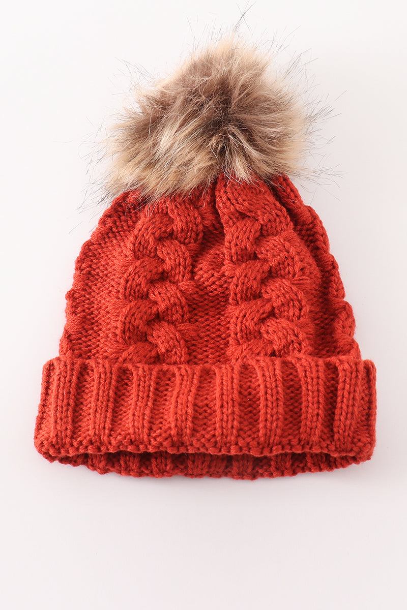 Caramel pompom  cable beanie hat