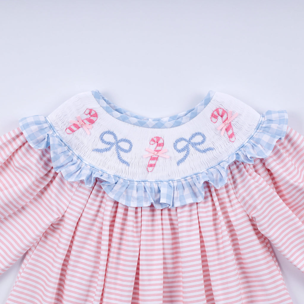 Pink candy cane bow hand smocked ruffle dress
