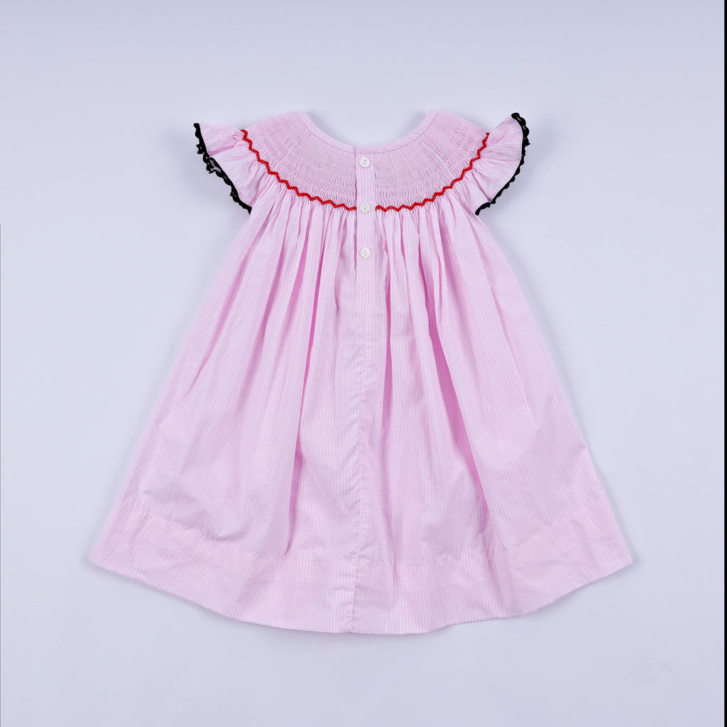 Red character hand smocked plaid ruffle dress
