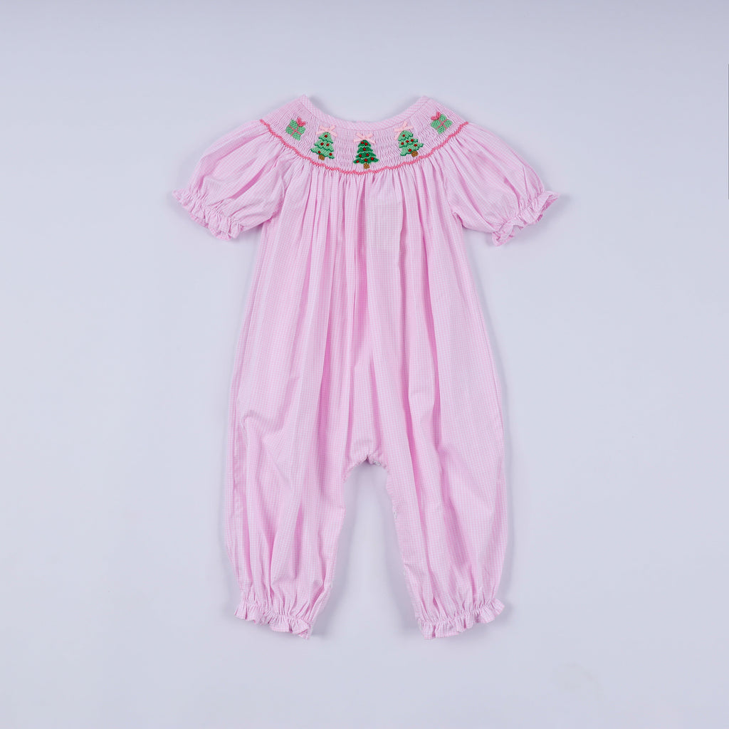 Pink christmas tree hand smocked ruffle romper
