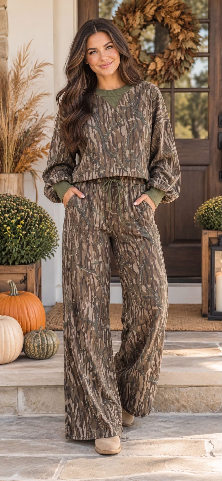Green camo matching pullover and wide leg pants set