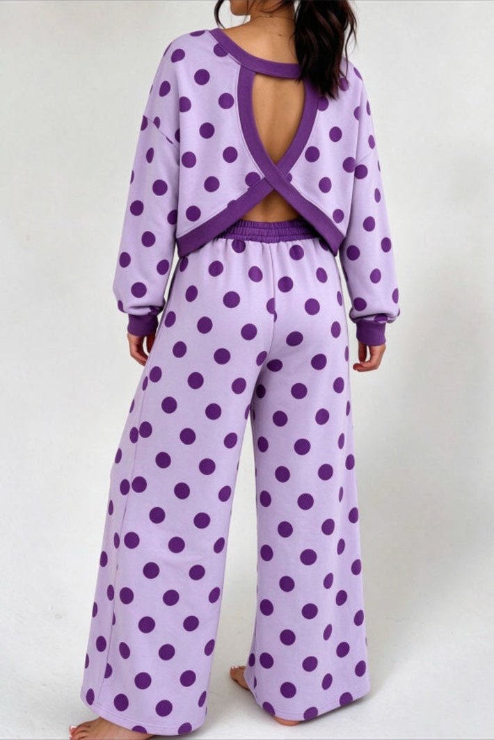 Orchid Bouquet polka dot open back top and wide leg pants, back view