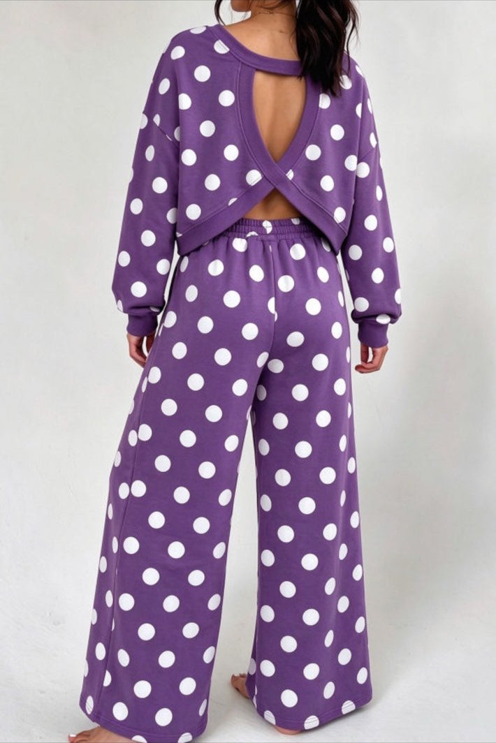 Tillandsia Purple white polka dot open back wide leg pants set