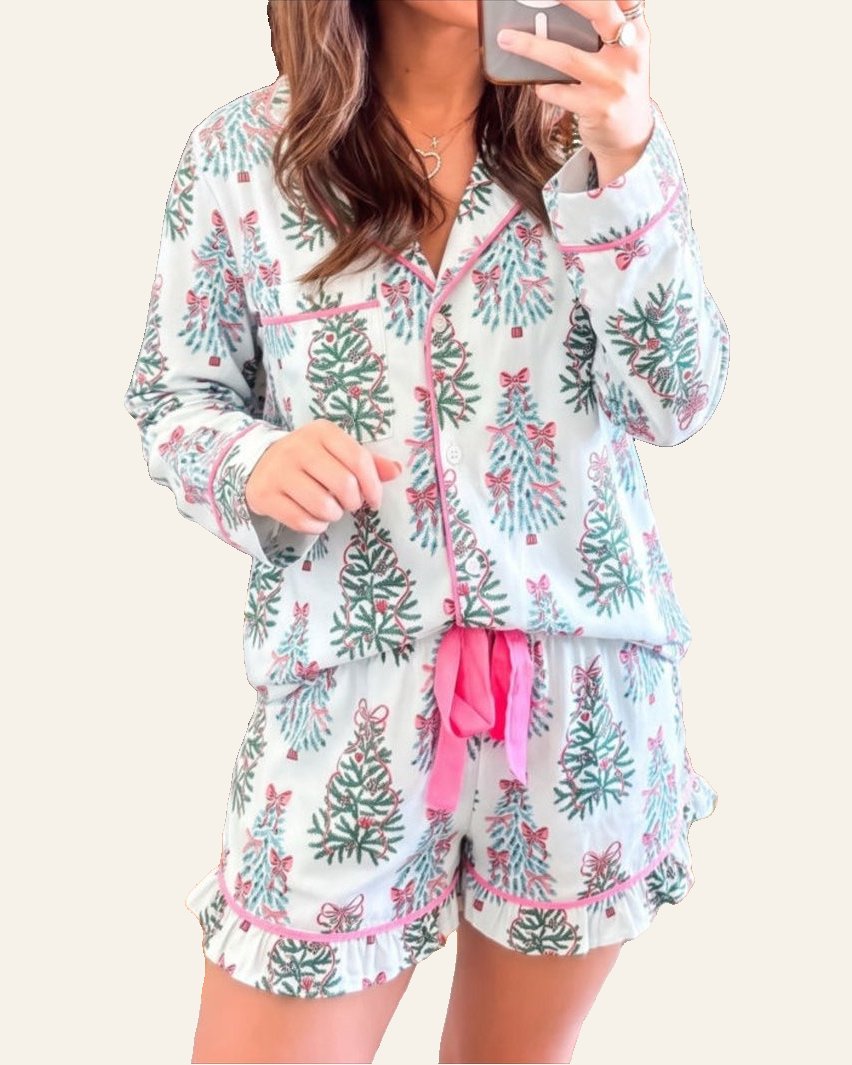 White Christmas tree print long sleeve button top and pink trimmed shorts pajama set