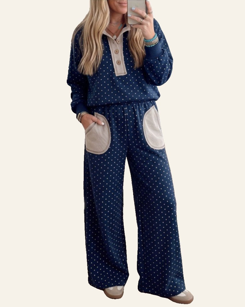 Blue polka dot half button pullover and wide leg pants with beige contrast pockets
