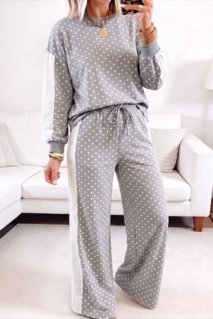 Gray Polka Dot Lace Panel Patchwork Long Sleeve Top Drawstring Pants Set