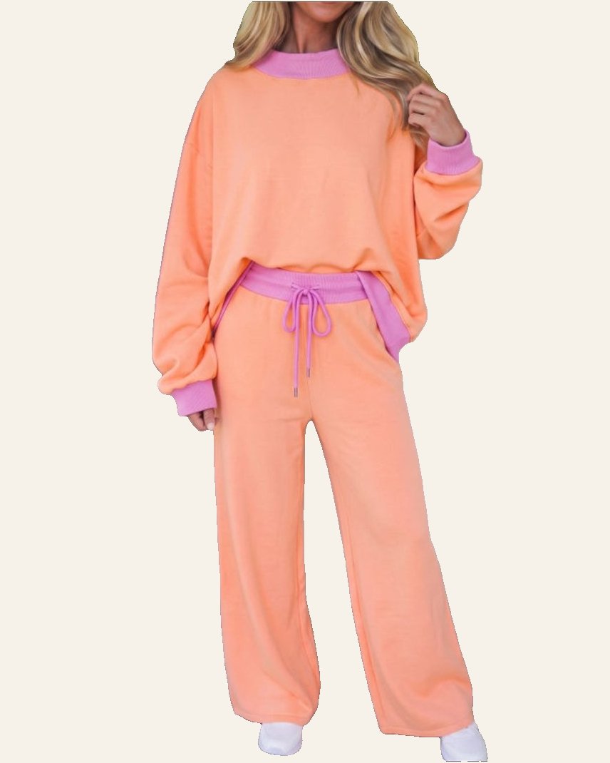 Grapefruit Orange Color Block Trim Long Sleeve Pullover Drawstring Shift Pants Set