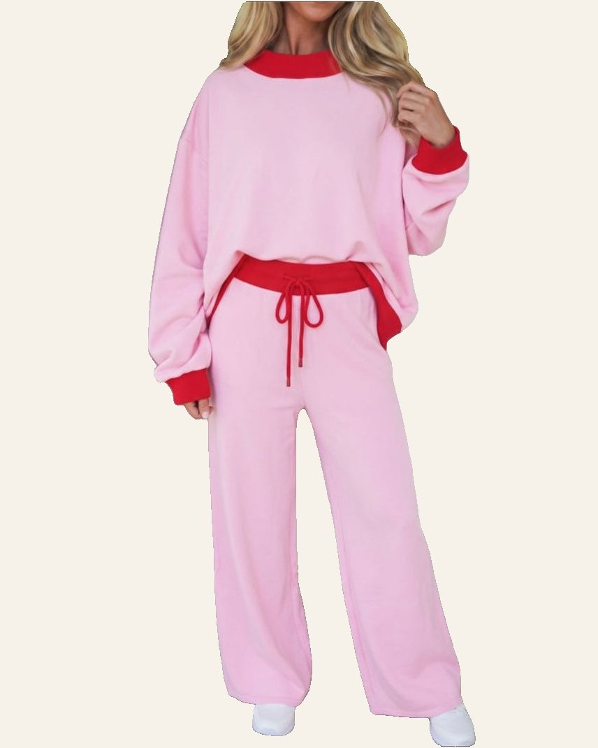 Light Pink Color Block Trim Long Sleeve Pullover Drawstring Shift Pants Set