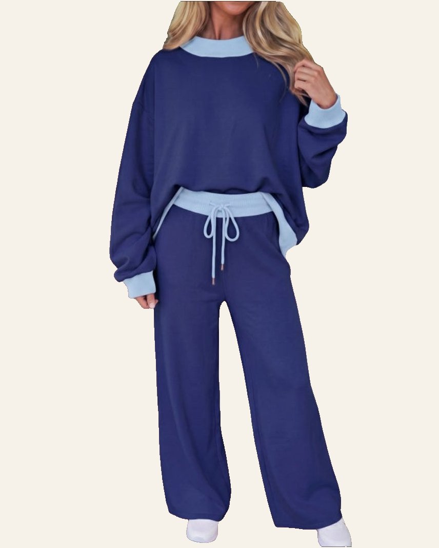 Dirty Blue Color Block Trim Long Sleeve Pullover Drawstring Shift Pants Set
