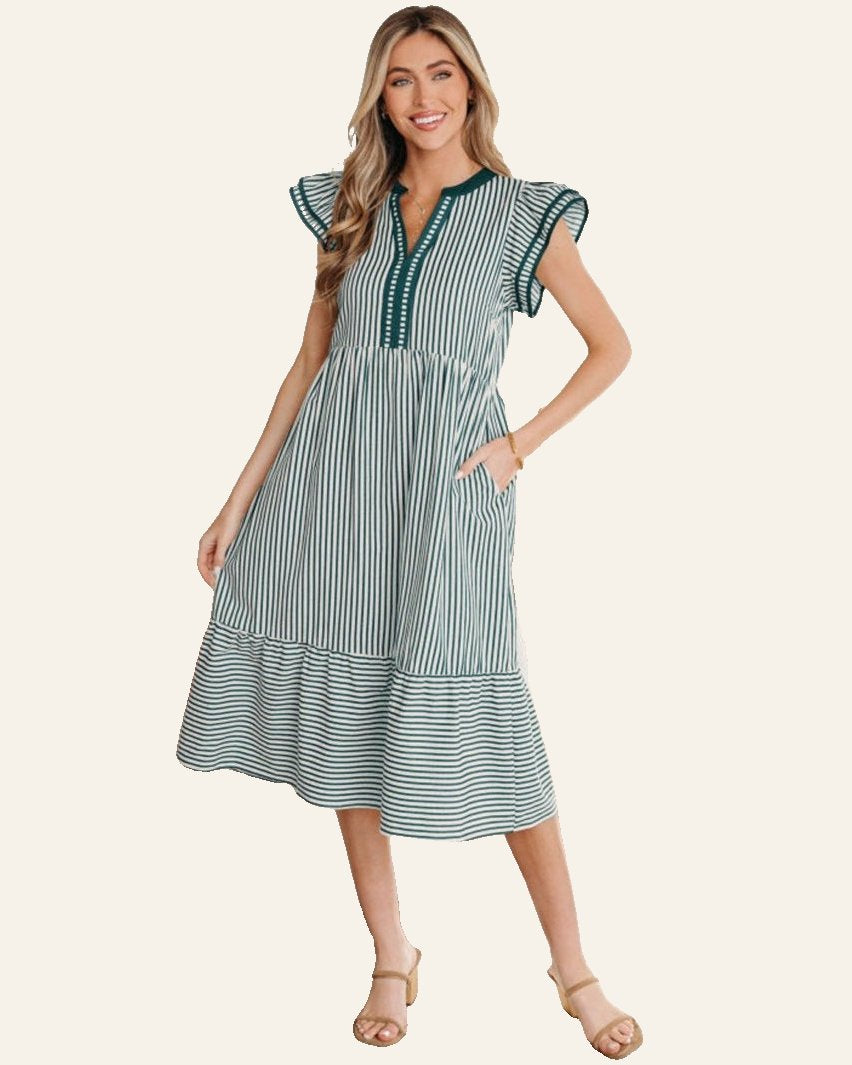 Green Stripe Double Ruffled Short Sleeve Contrast Trim V Neck Midi Dress